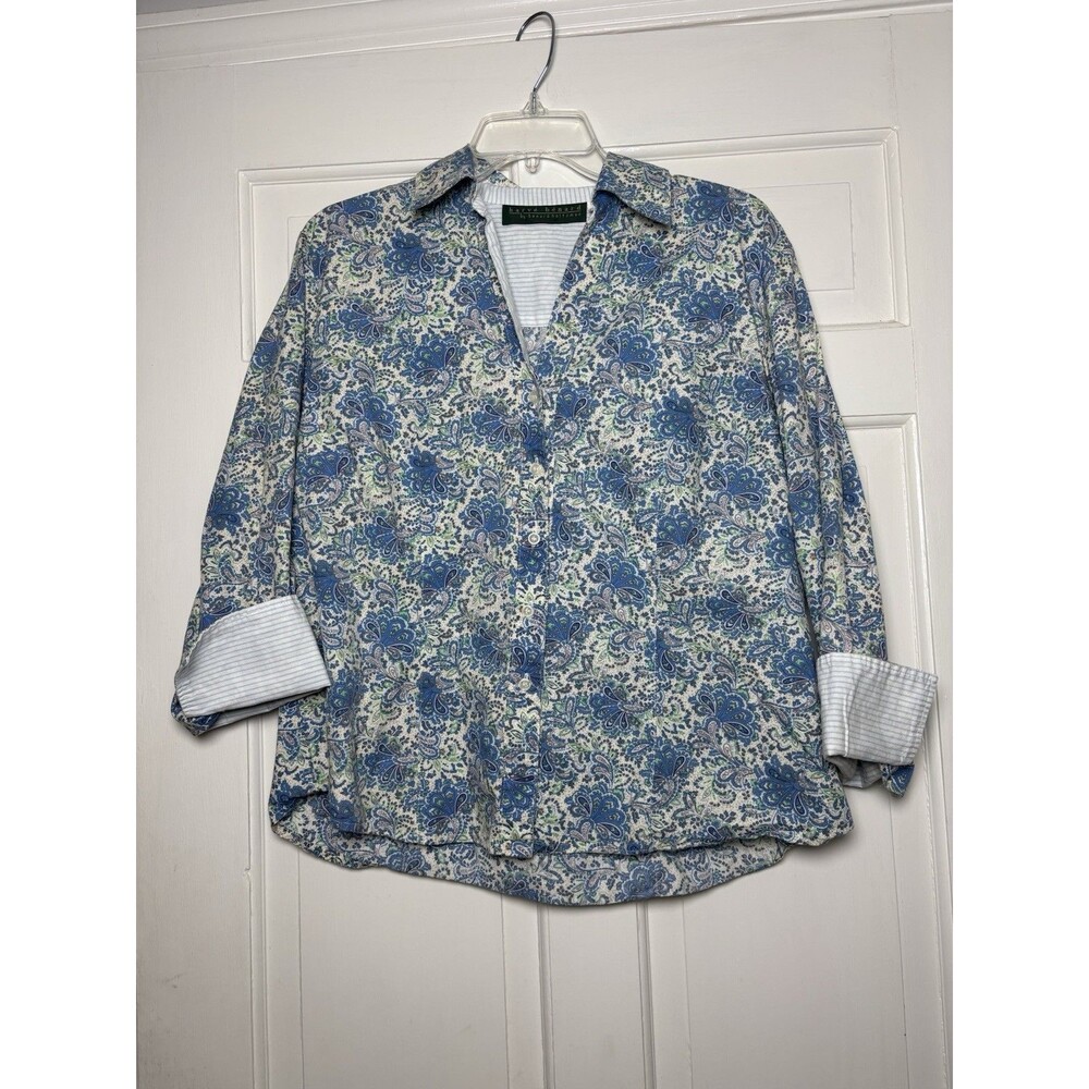Harve Benard Women's XL Button-Up Blue Floral Shirt 3/4 Sleeve Contrast Pattern
